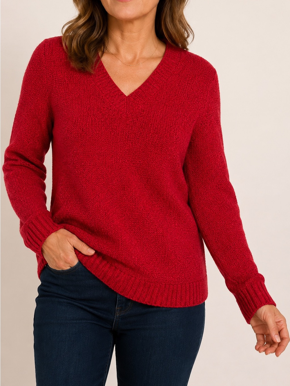 J.Jill Red Textured Knit V-Neck Sweater L Cotton Blend Cozy Relaxed Fit